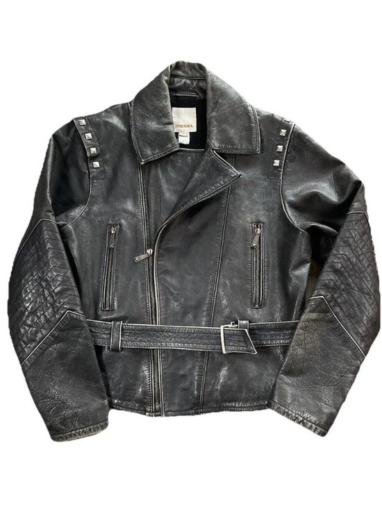 Diesel Jackets & Blazers - Diesel Goat Leather Moto Biker Jacket Studded Belted Black Gray Womens MED Y2K